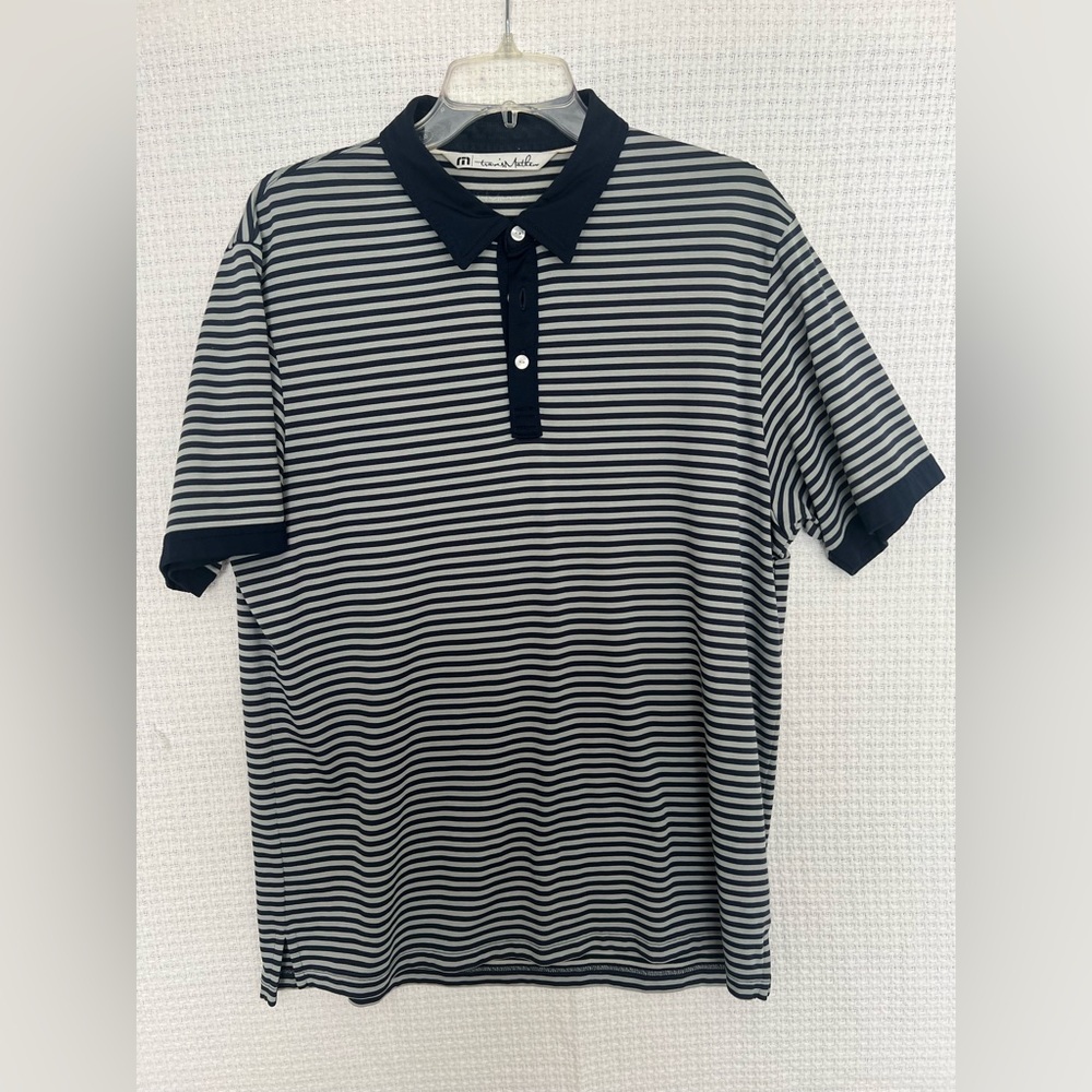 Travis Mathew Blue and Grey Striped Golf Polo